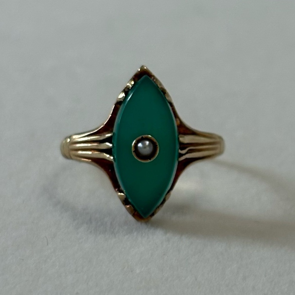 Antique Vintage 14k Solid Gold Marquise Green Chrysoprase & Pearl Ring Size 6.5